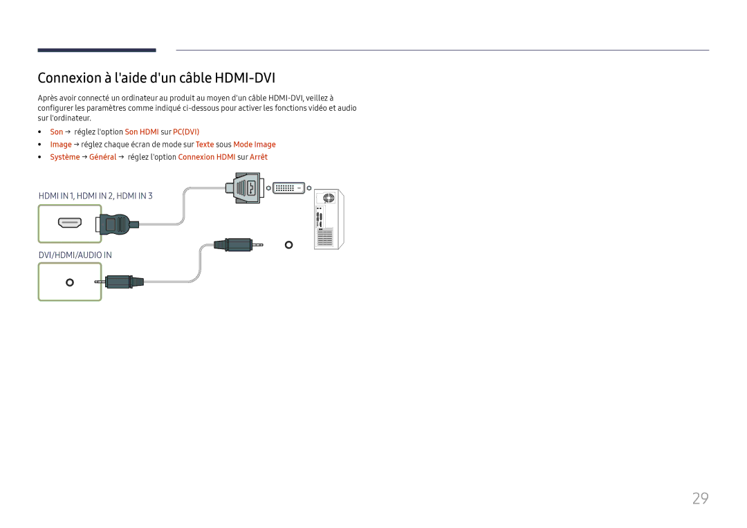 Samsung LH65QBHRTBC/EN Connexion à laide dun câble HDMI-DVI, Système → Général → réglez loption Connexion Hdmi sur Arrêt 