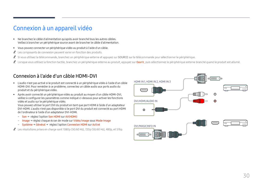 Samsung LH75QBHRTBC/EN manual Connexion à un appareil vidéo, Système → Général → réglez loption Connexion Hdmi sur Activé 