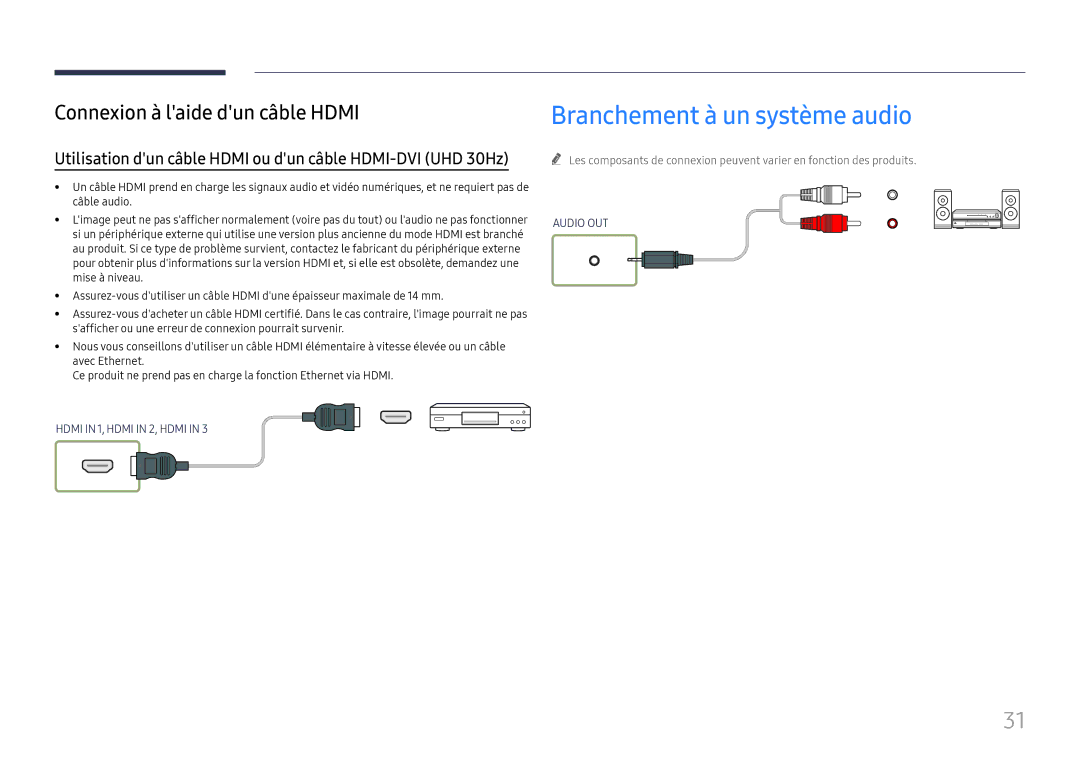 Samsung LH65QBHRTBC/EN manual Branchement à un système audio, Utilisation dun câble Hdmi ou dun câble HDMI-DVI UHD 30Hz 