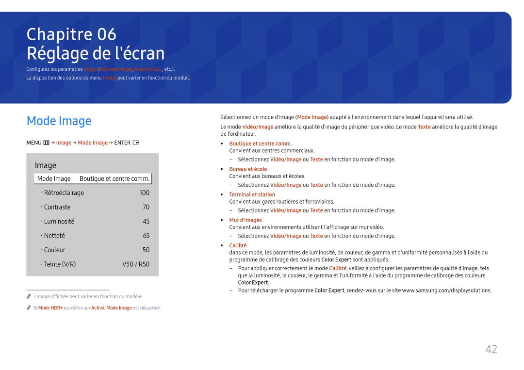 Samsung LH75QBHRTBC/EN, LH65QBHRTBC/EN manual Réglage de lécran, Mode Image 