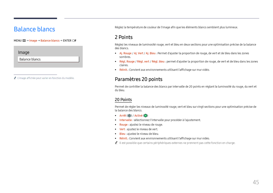 Samsung LH65QBHRTBC/EN, LH75QBHRTBC/EN manual Balance blancs, Points, Paramètres 20 points 