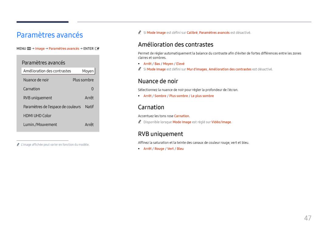 Samsung LH65QBHRTBC/EN manual Paramètres avancés, Amélioration des contrastes, Nuance de noir, Carnation, RVB uniquement 