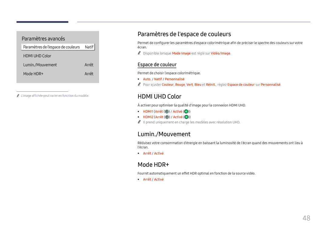 Samsung LH75QBHRTBC/EN Paramètres de lespace de couleurs, Hdmi UHD Color, Lumin./Mouvement, Mode HDR+, Espace de couleur 