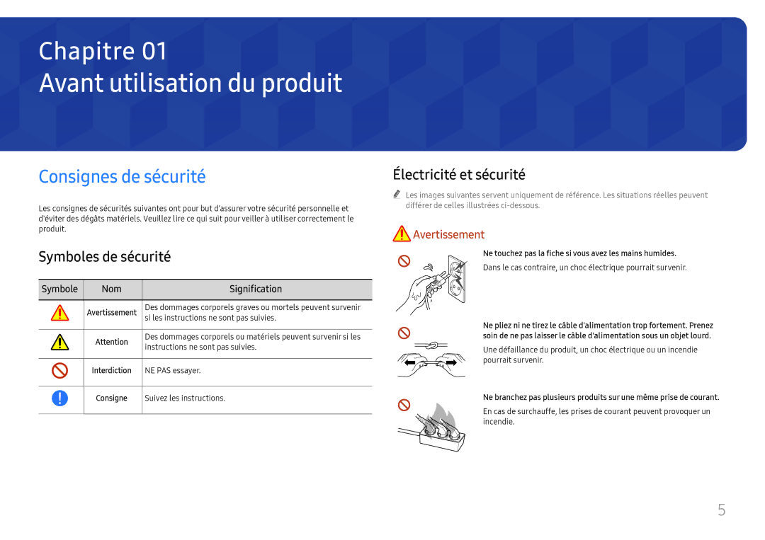 Samsung LH65QBHRTBC/EN Avant utilisation du produit, Consignes de sécurité, Symboles de sécurité, Électricité et sécurité 