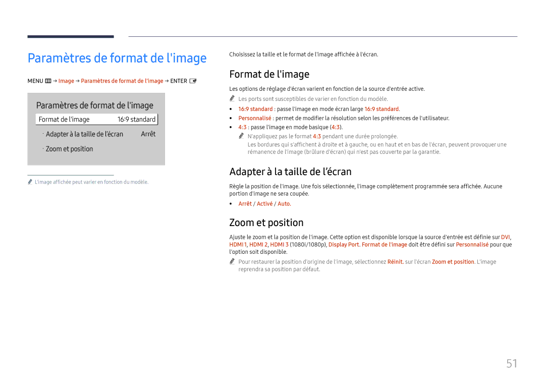 Samsung LH65QBHRTBC/EN Format de limage, Adapter à la taille de l’écran, Zoom et position, Paramètres de format de limage 