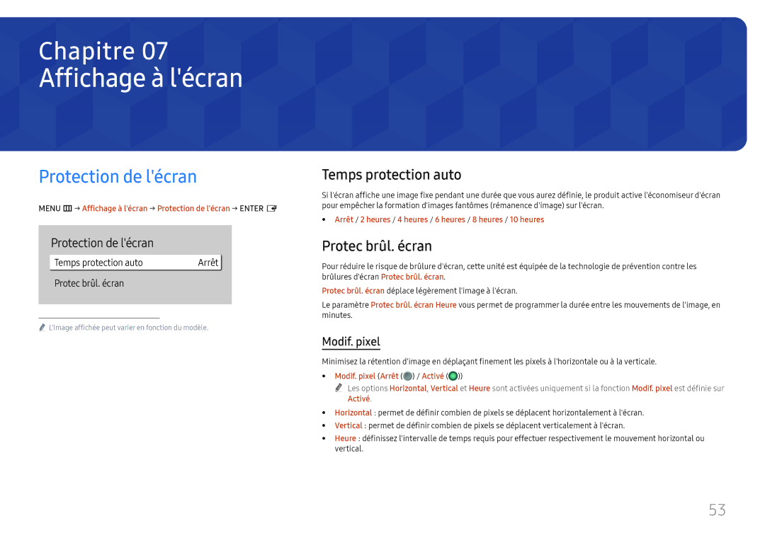 Samsung LH65QBHRTBC/EN, LH75QBHRTBC/EN Affichage à lécran, Protection de lécran, Temps protection auto, Protec brûl. écran 