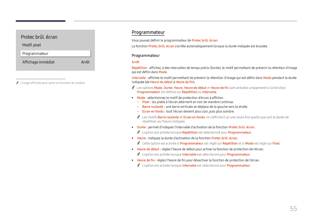 Samsung LH65QBHRTBC/EN, LH75QBHRTBC/EN manual Protec brûl. écran, Modif. pixel Programmateur Affichage immédiat, Arrêt 