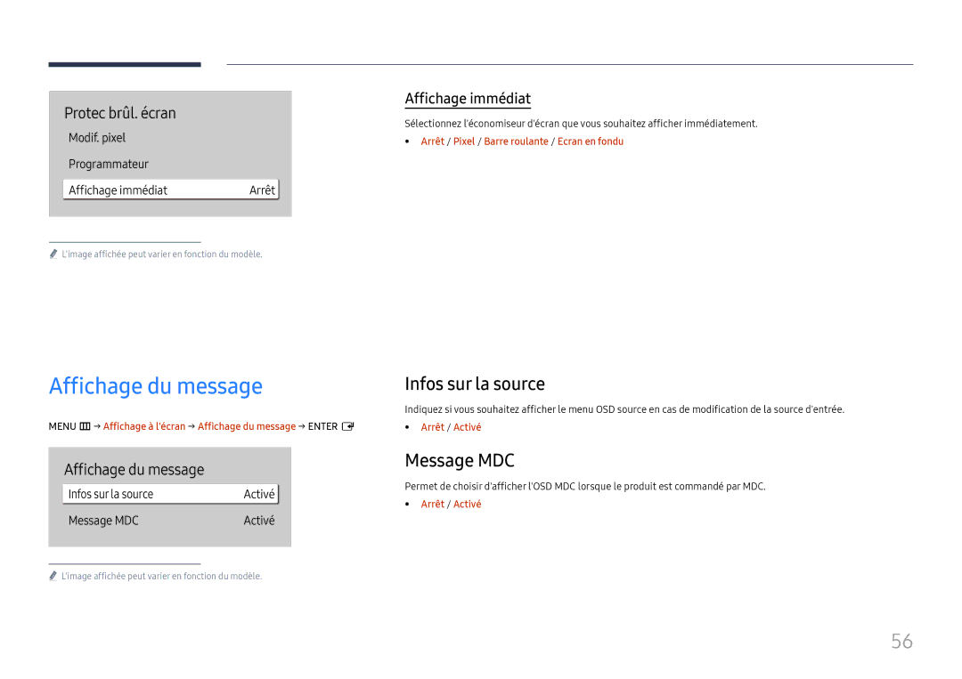 Samsung LH75QBHRTBC/EN, LH65QBHRTBC/EN manual Affichage du message, Infos sur la source, Message MDC, Affichage immédiat 
