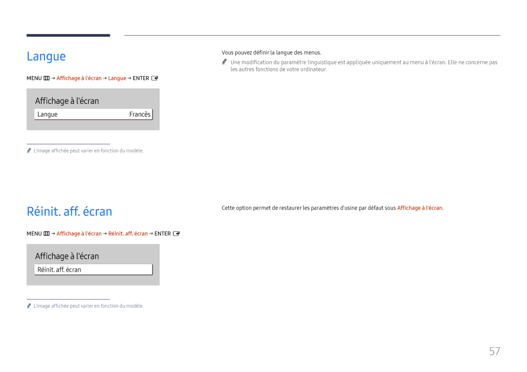 Samsung LH65QBHRTBC/EN, LH75QBHRTBC/EN manual Réinit. aff. écran, Affichage à lécran, LangueFrancês 