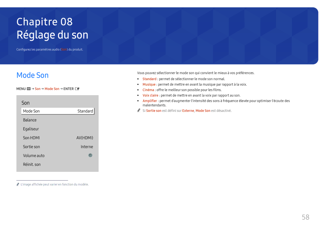 Samsung LH75QBHRTBC/EN, LH65QBHRTBC/EN manual Réglage du son, Mode Son 