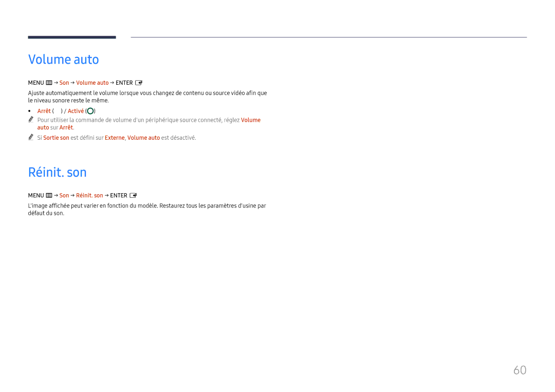 Samsung LH75QBHRTBC/EN, LH65QBHRTBC/EN Menu m→ Son → Volume auto → Enter E, Menu m→ Son → Réinit. son → Enter E 