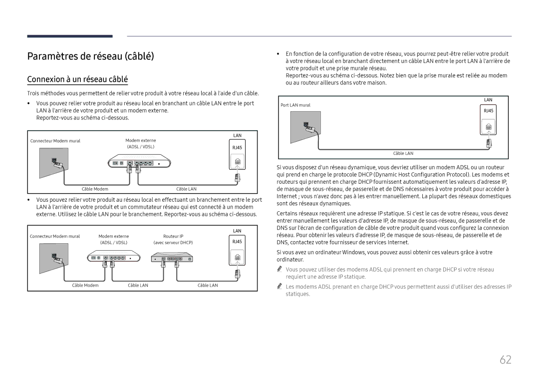 Samsung LH75QBHRTBC/EN, LH65QBHRTBC/EN manual Paramètres de réseau câblé, Connexion à un réseau câblé 