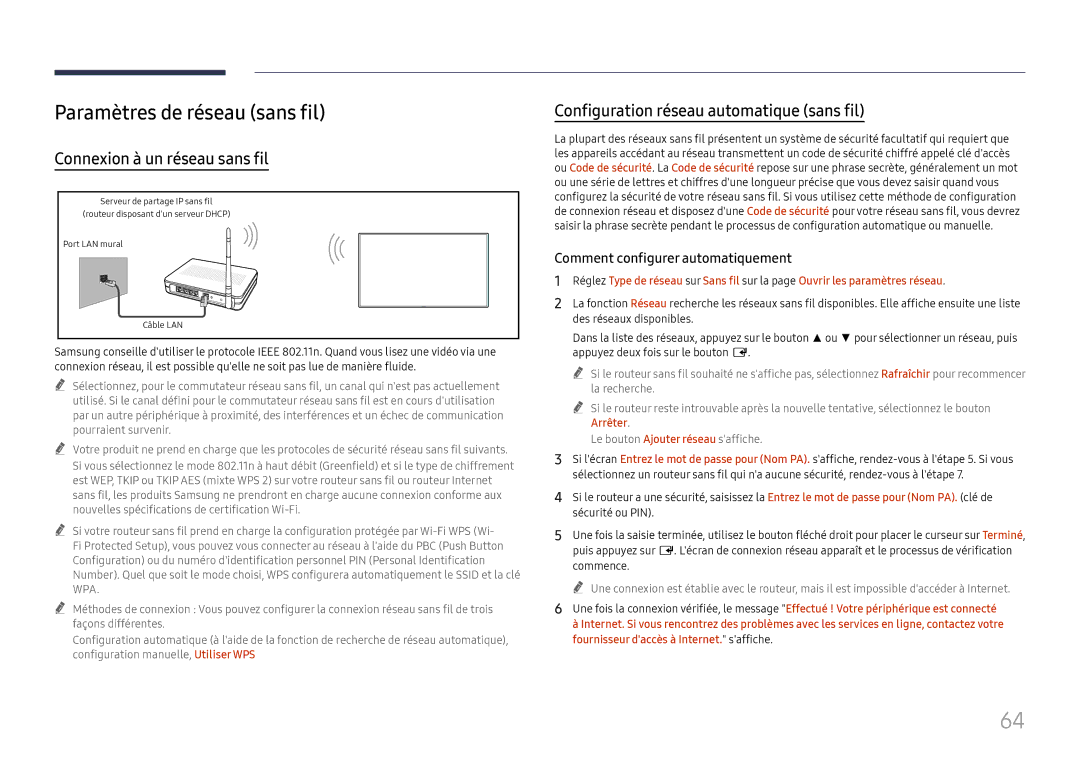 Samsung LH75QBHRTBC/EN, LH65QBHRTBC/EN manual Paramètres de réseau sans fil, Connexion à un réseau sans fil 