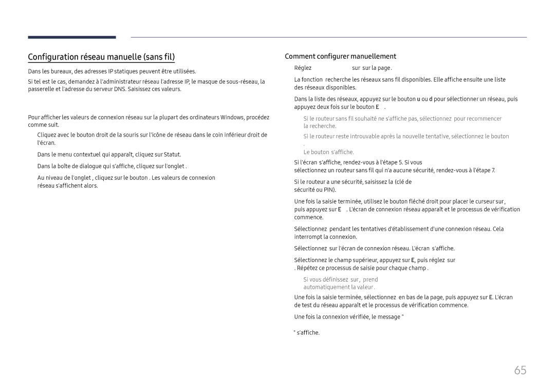 Samsung LH65QBHRTBC/EN, LH75QBHRTBC/EN manual Configuration réseau manuelle sans fil 