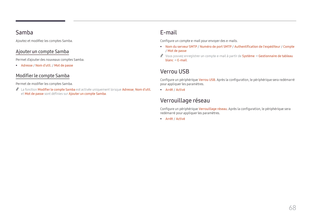 Samsung LH75QBHRTBC/EN, LH65QBHRTBC/EN manual Samba, Mail, Verrou USB, Verrouillage réseau 