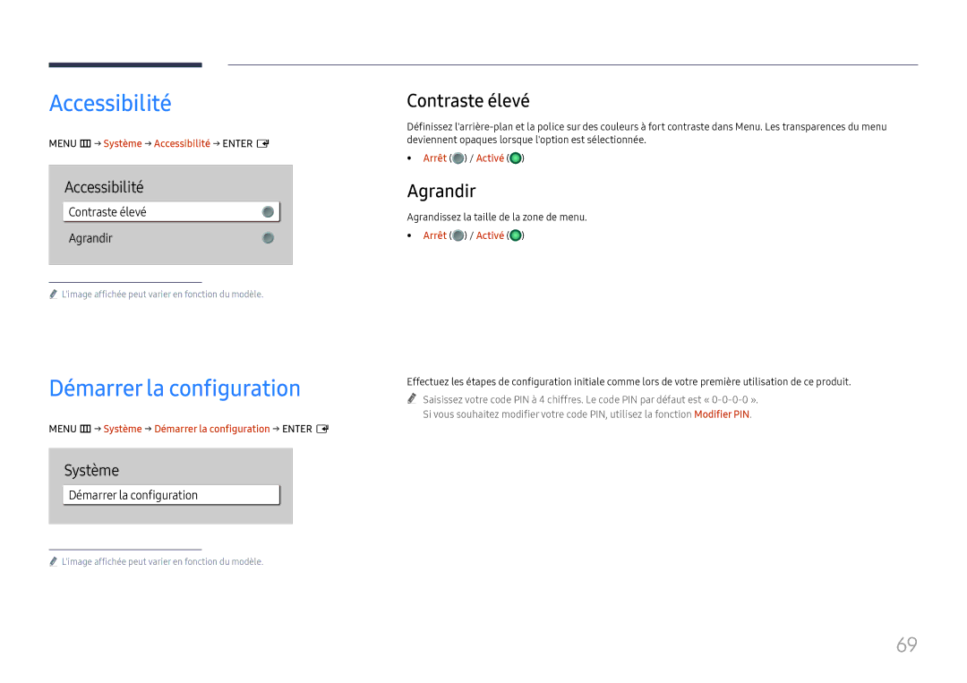 Samsung LH65QBHRTBC/EN, LH75QBHRTBC/EN manual Accessibilité, Démarrer la configuration, Contraste élevé, Agrandir 