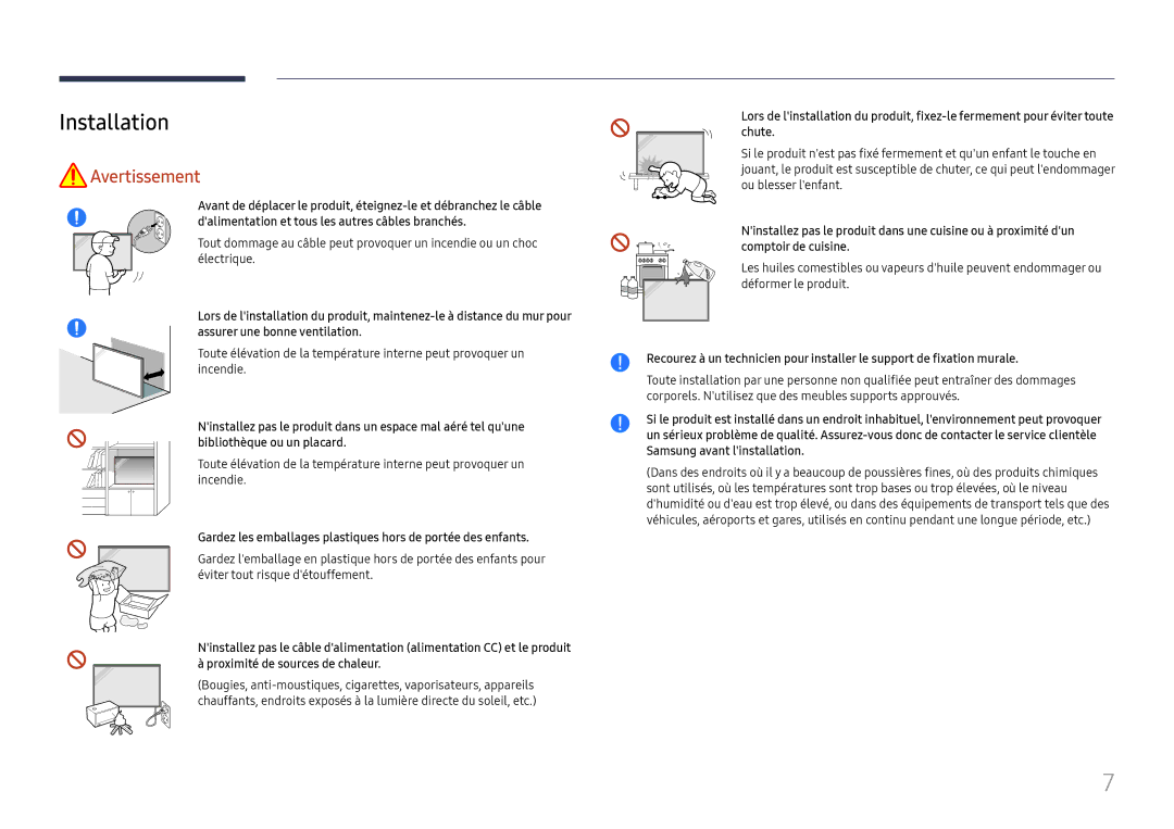 Samsung LH65QBHRTBC/EN, LH75QBHRTBC/EN manual Installation, Gardez les emballages plastiques hors de portée des enfants 