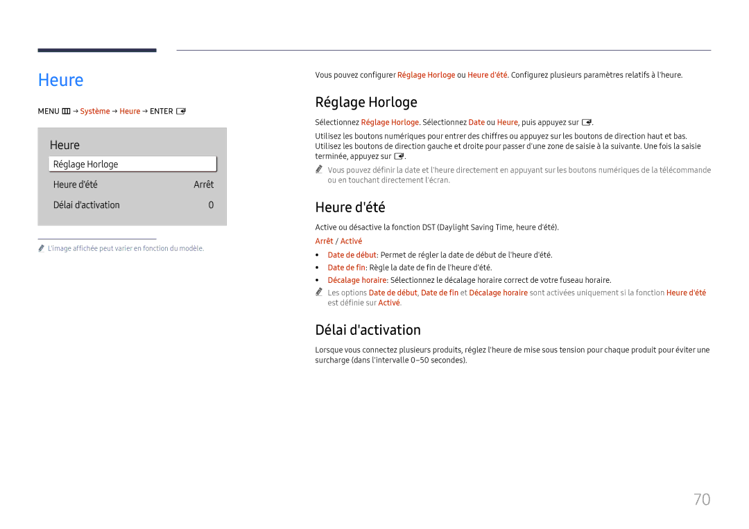 Samsung LH75QBHRTBC/EN, LH65QBHRTBC/EN manual Réglage Horloge, Heure dété, Délai dactivation 