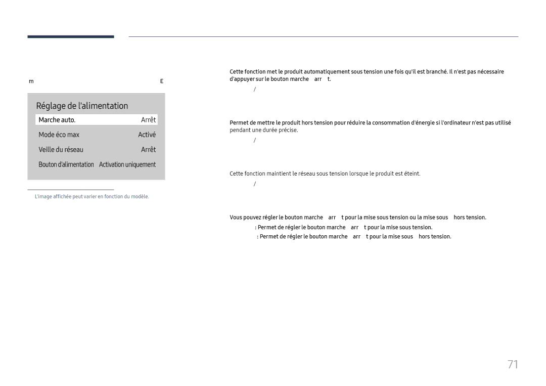 Samsung LH65QBHRTBC/EN manual Réglage de lalimentation, Marche auto, Mode éco max, Veille du réseau, Bouton dalimentation 