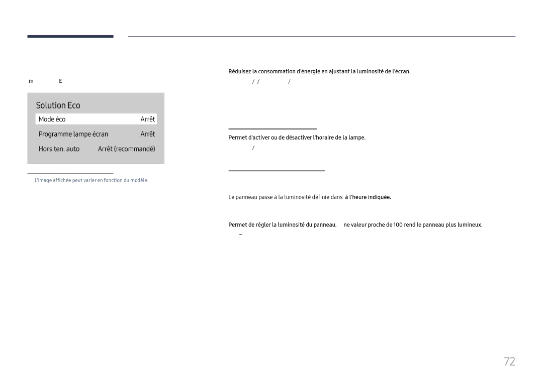 Samsung LH75QBHRTBC/EN, LH65QBHRTBC/EN manual Solution Eco, Mode éco, Programme lampe écran 