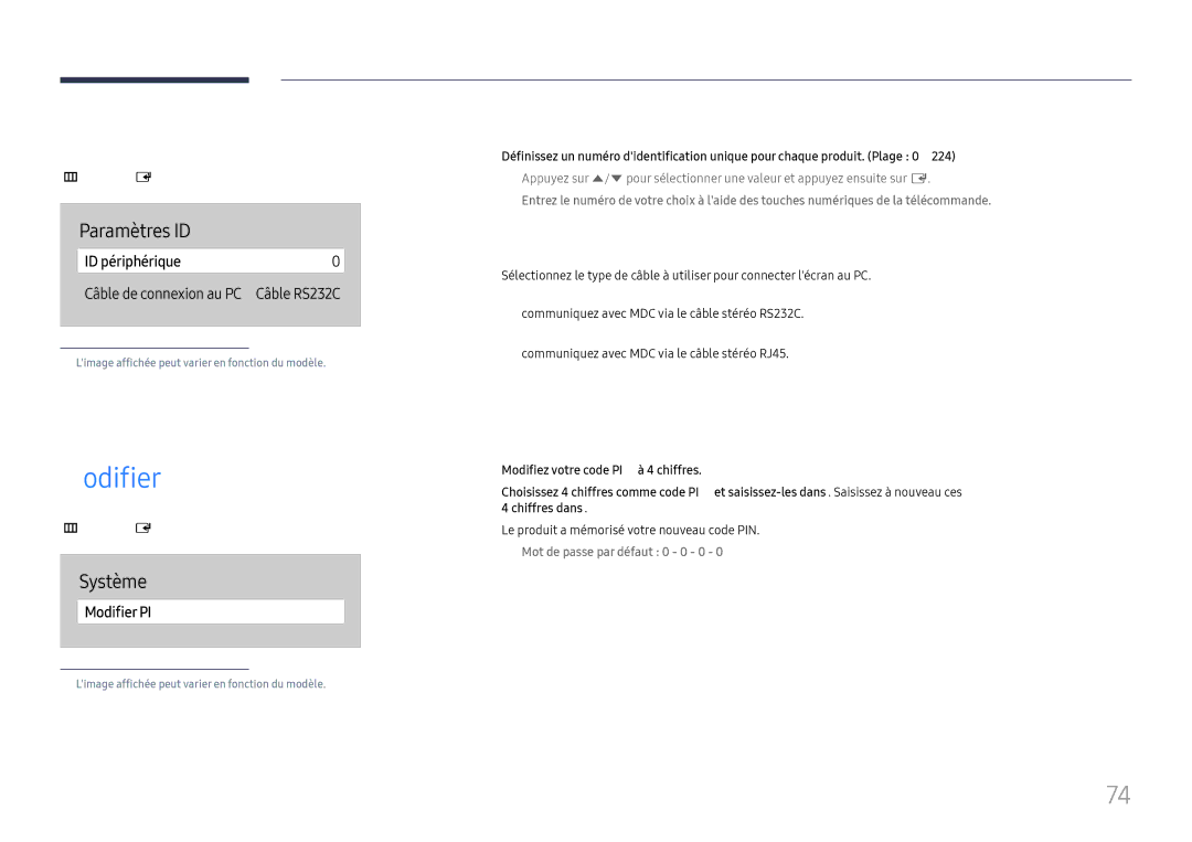 Samsung LH75QBHRTBC/EN, LH65QBHRTBC/EN manual Paramètres ID, Modifier PIN, ID périphérique, Câble de connexion au PC 
