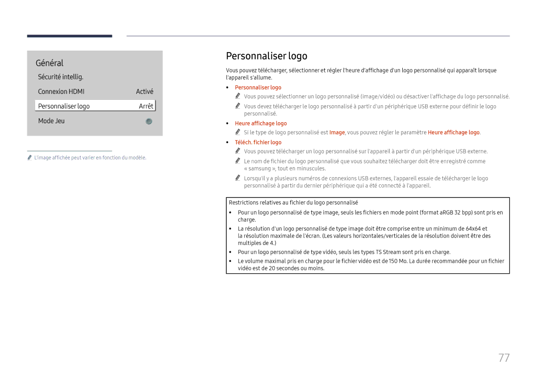 Samsung LH65QBHRTBC/EN, LH75QBHRTBC/EN manual Personnaliser logo, Heure affichage logo, Téléch. fichier logo 