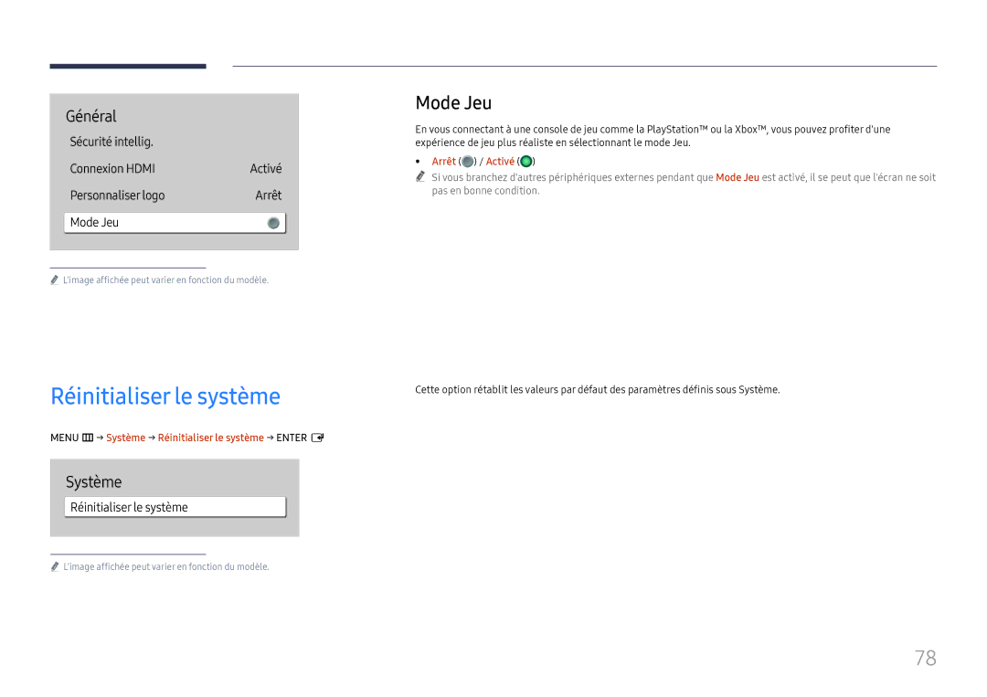 Samsung LH75QBHRTBC/EN, LH65QBHRTBC/EN manual Mode Jeu, Menu m→ Système → Réinitialiser le système → Enter E 