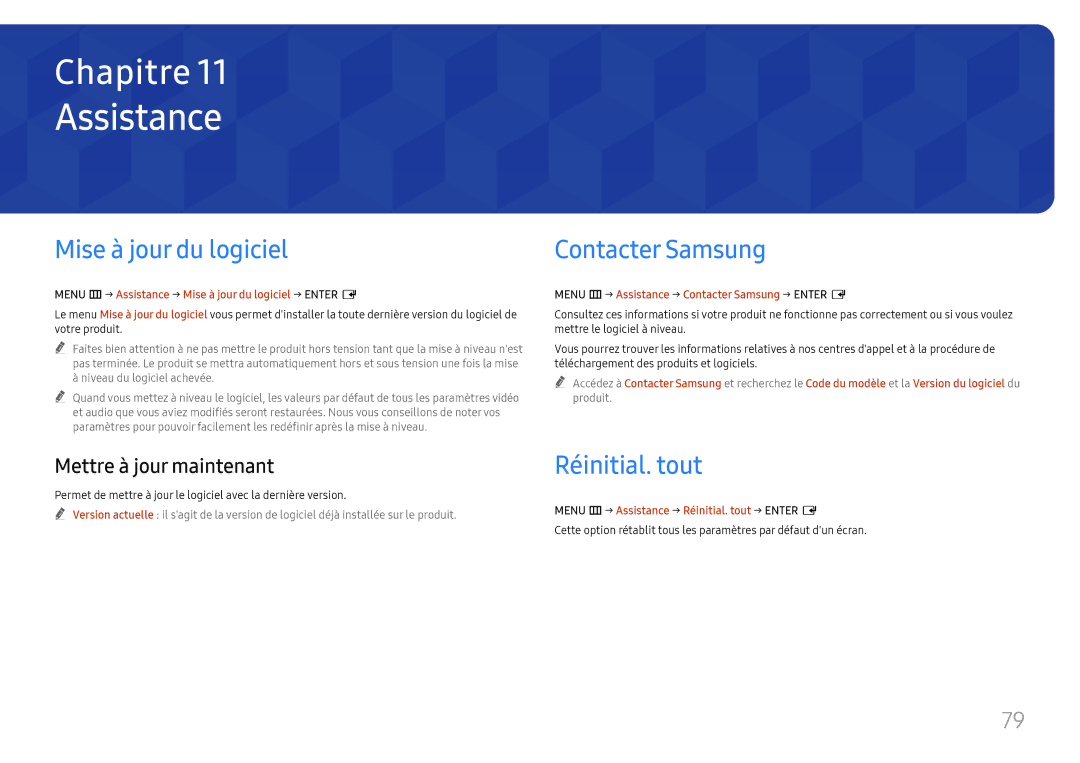 Samsung LH65QBHRTBC/EN Assistance, Mise à jour du logiciel, Contacter Samsung, Réinitial. tout, Mettre à jour maintenant 