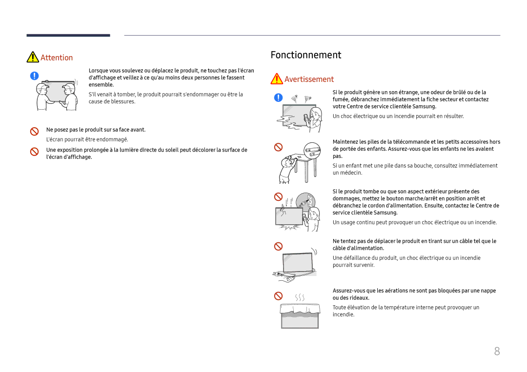 Samsung LH75QBHRTBC/EN manual Fonctionnement, Ne posez pas le produit sur sa face avant, Lécran pourrait être endommagé 