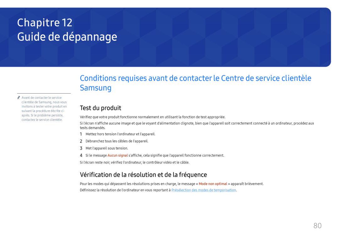 Samsung LH75QBHRTBC/EN manual Guide de dépannage, Test du produit, Vérification de la résolution et de la fréquence 