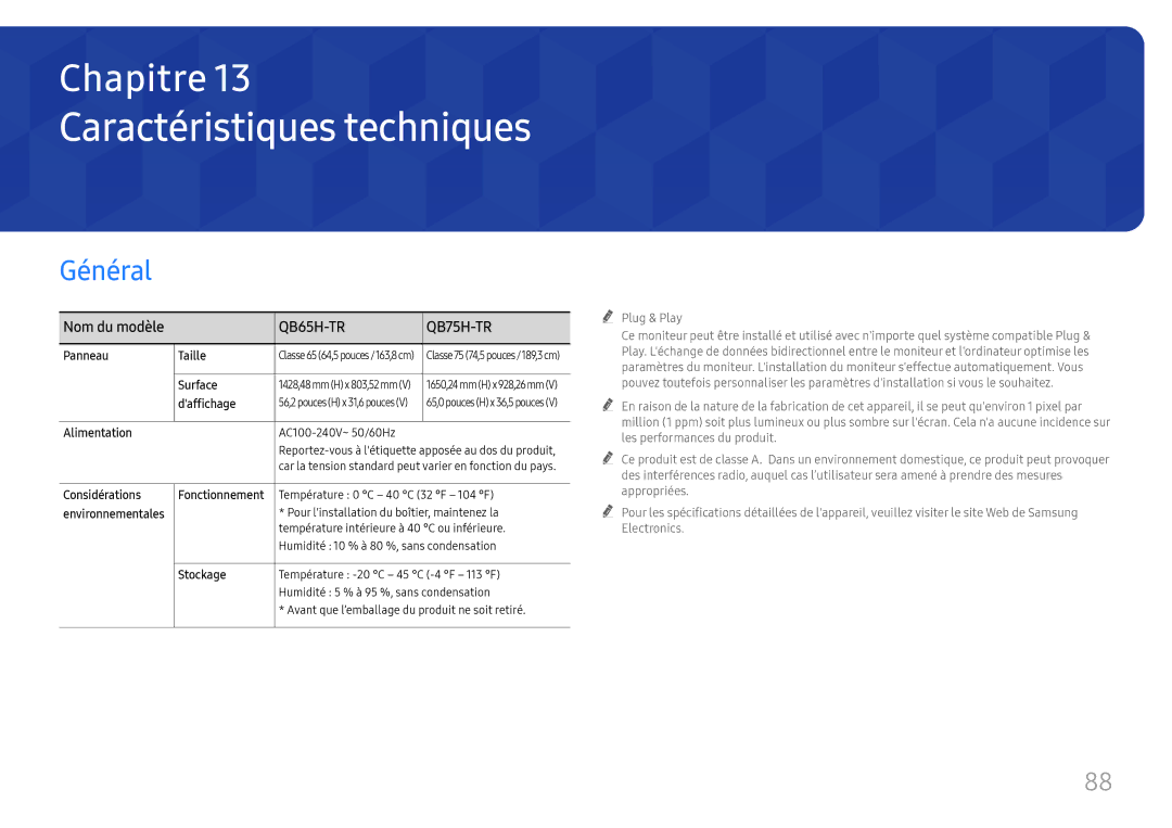 Samsung LH75QBHRTBC/EN, LH65QBHRTBC/EN manual Caractéristiques techniques 