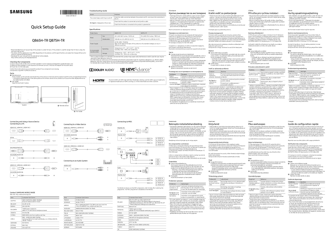 Samsung LH65QBHRTBC/EN manual Kratki vodič za postavljanje Příručka pro rychlou instalaci, Hurtig opsætningsvejledning 