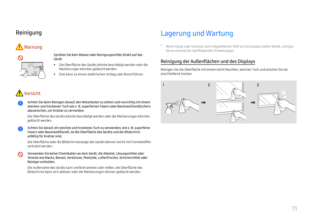 Samsung LH65QBHRTBC/EN, LH75QBHRTBC/EN manual Lagerung und Wartung, Reinigung der Außenflächen und des Displays 