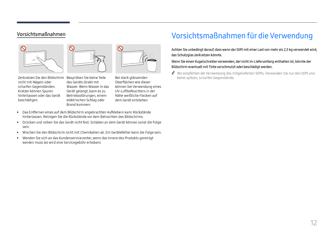 Samsung LH75QBHRTBC/EN, LH65QBHRTBC/EN manual Vorsichtsmaßnahmen für die Verwendung 