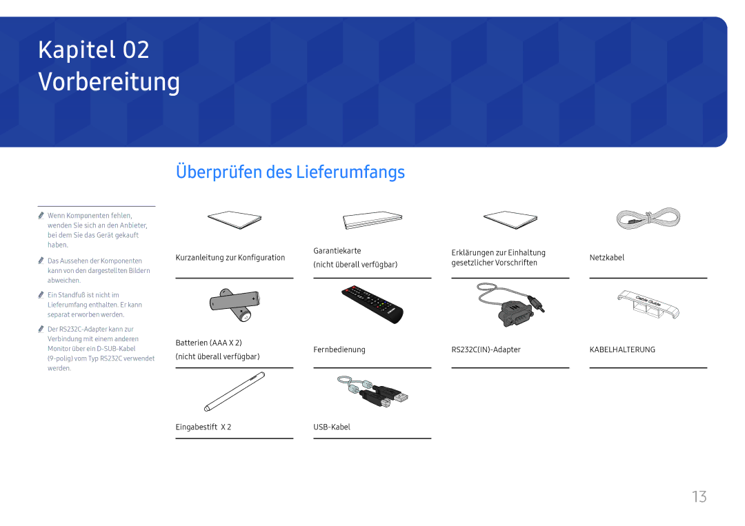 Samsung LH65QBHRTBC/EN manual Vorbereitung, Überprüfen des Lieferumfangs, Nicht überall verfügbar Eingabestift X USB-Kabel 