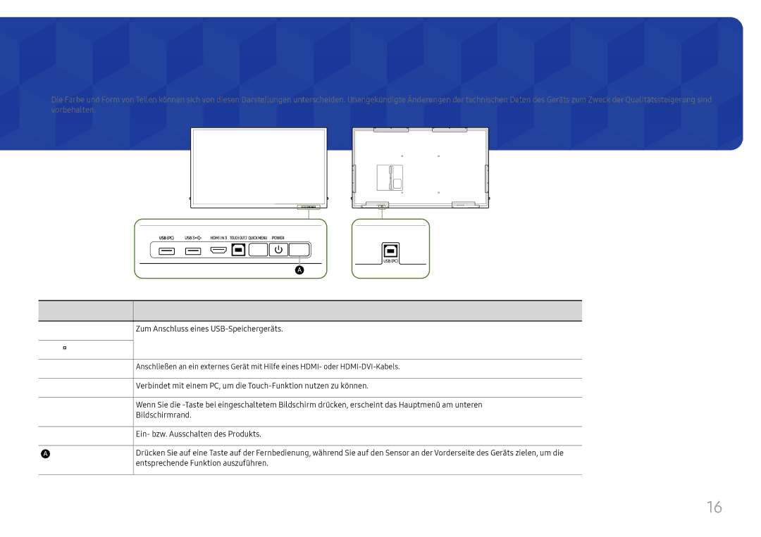 Samsung LH75QBHRTBC/EN, LH65QBHRTBC/EN manual Leiste, Zum Anschluss eines USB-Speichergeräts, USB 3 ¨, Bildschirmrand 