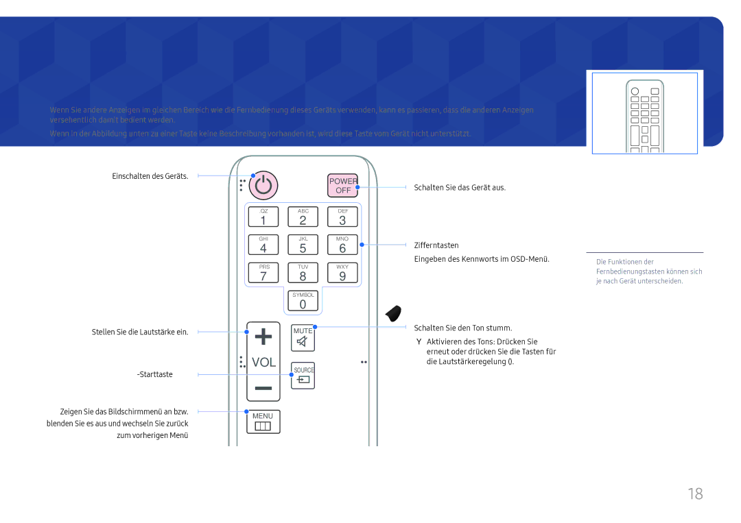 Samsung LH75QBHRTBC/EN, LH65QBHRTBC/EN manual Fernbedienung, Vol 