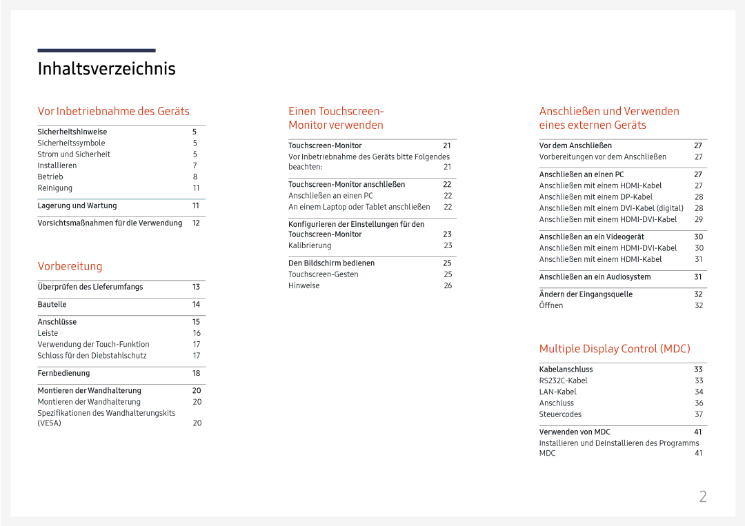 Samsung LH75QBHRTBC/EN, LH65QBHRTBC/EN manual Inhaltsverzeichnis 