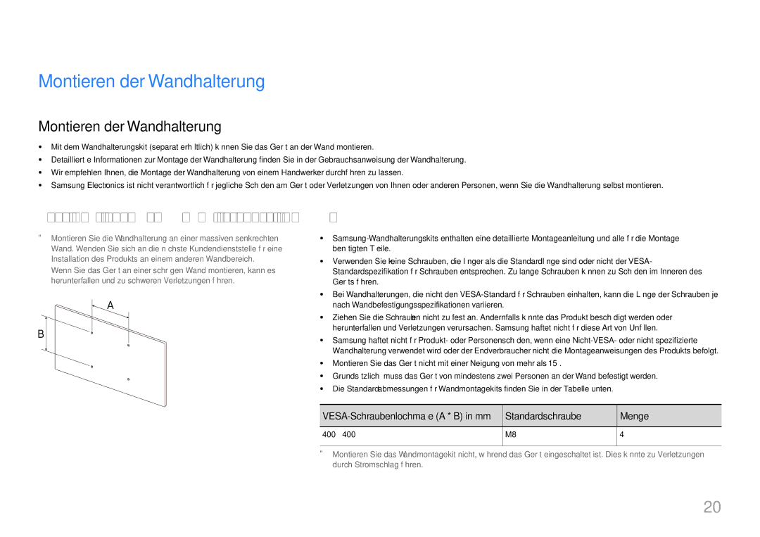 Samsung LH75QBHRTBC/EN manual Montieren derWandhalterung, Montieren der Wandhalterung, Standardschraube Menge, 400 × 