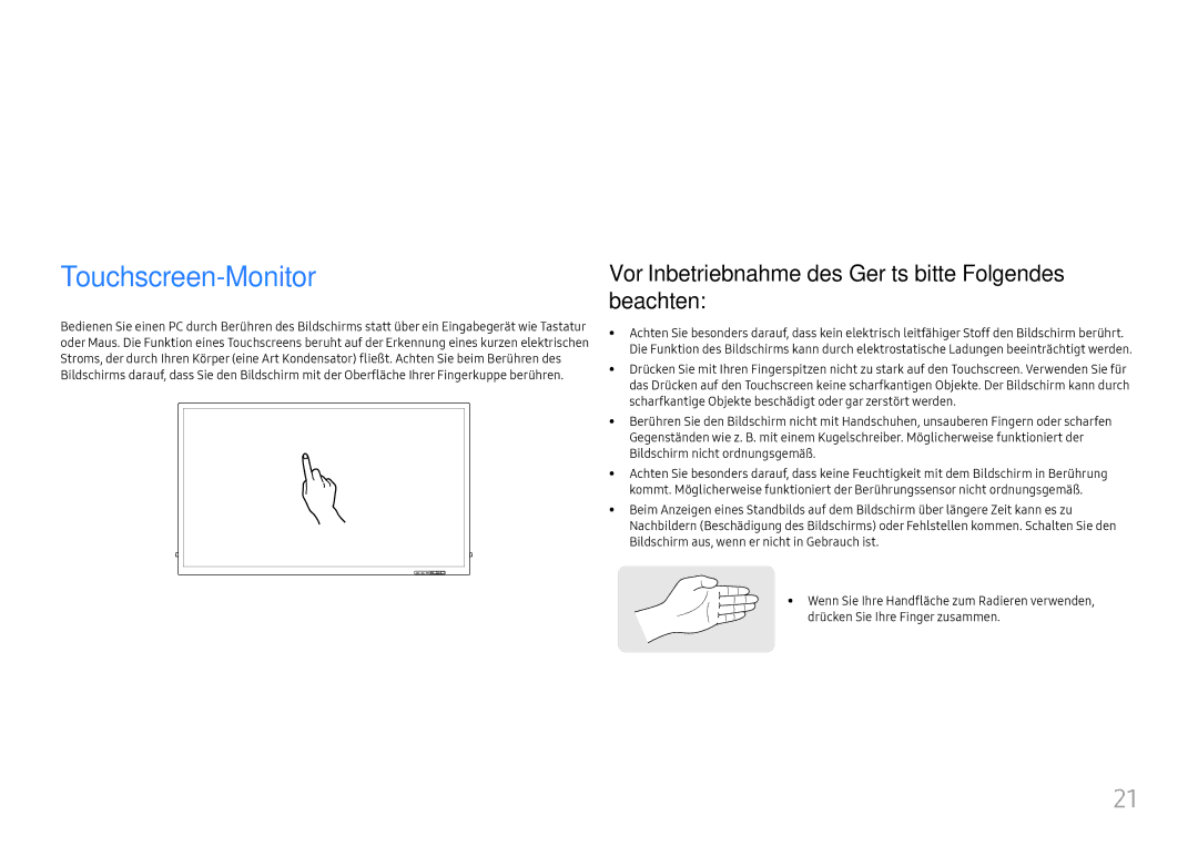 Samsung LH65QBHRTBC/EN manual Einen Touchscreen-Monitorverwenden, Vor Inbetriebnahme des Geräts bitte Folgendes beachten 