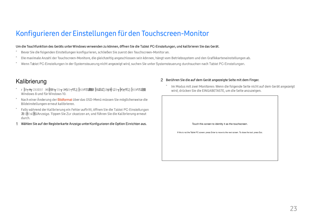 Samsung LH65QBHRTBC/EN, LH75QBHRTBC/EN manual Konfigurieren der Einstellungen für den Touchscreen-Monitor, Kalibrierung 