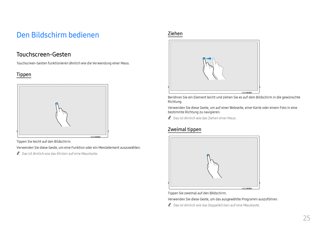 Samsung LH65QBHRTBC/EN, LH75QBHRTBC/EN manual Den Bildschirm bedienen, Touchscreen-Gesten, Tippen, Ziehen, Zweimal tippen 