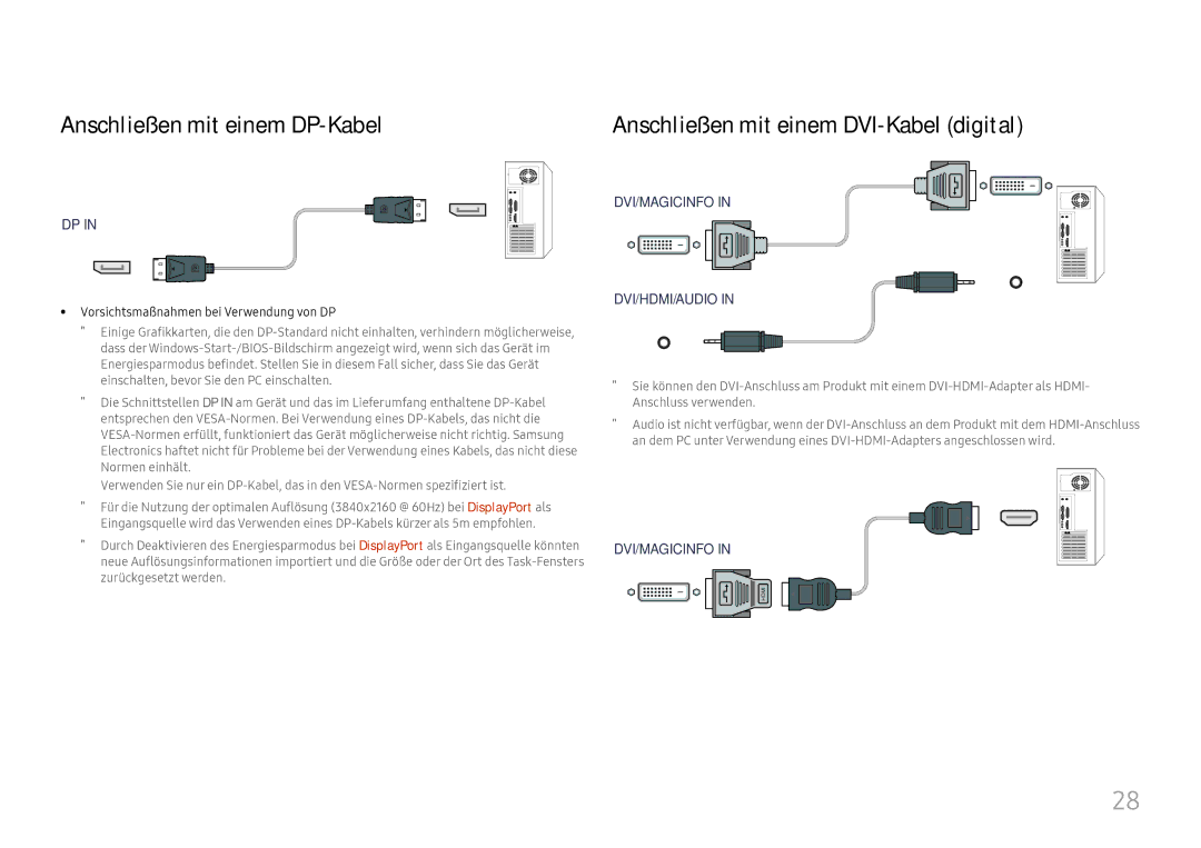 Samsung LH75QBHRTBC/EN, LH65QBHRTBC/EN manual Anschließen mit einem DP-Kabel, Vorsichtsmaßnahmen bei Verwendung von DP 