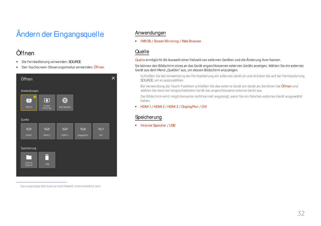 Samsung LH75QBHRTBC/EN, LH65QBHRTBC/EN manual Ändern der Eingangsquelle, Öffnen, Anwendungen, Quelle, Speicherung 