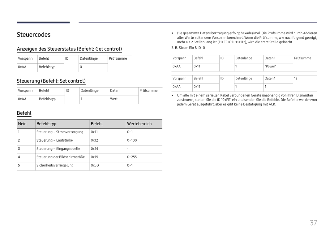 Samsung LH65QBHRTBC/EN manual Steuercodes, Anzeigen des Steuerstatus Befehl Get control, Steuerung Befehl Set control 