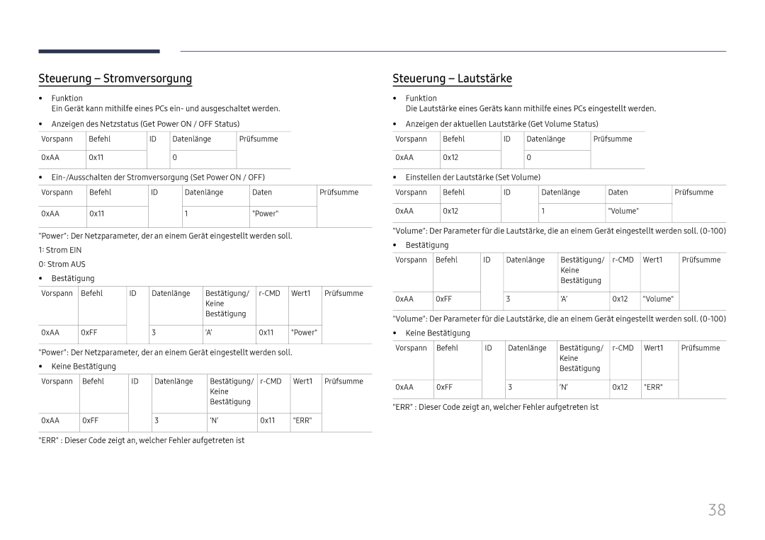 Samsung LH75QBHRTBC/EN manual Steuerung Stromversorgung, Steuerung Lautstärke, Einstellen der Lautstärke Set Volume 