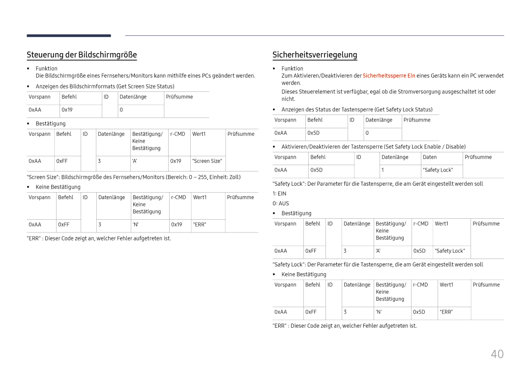 Samsung LH75QBHRTBC/EN, LH65QBHRTBC/EN manual Steuerung der Bildschirmgröße, Sicherheitsverriegelung 