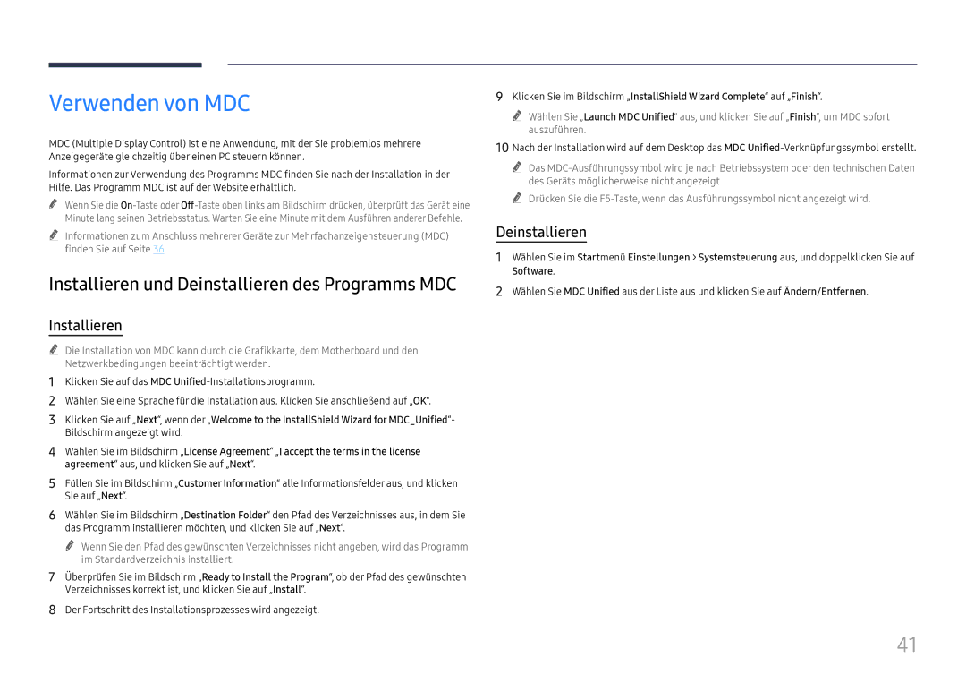 Samsung LH65QBHRTBC/EN, LH75QBHRTBC/EN manual Verwenden von MDC, Installieren und Deinstallieren des Programms MDC 