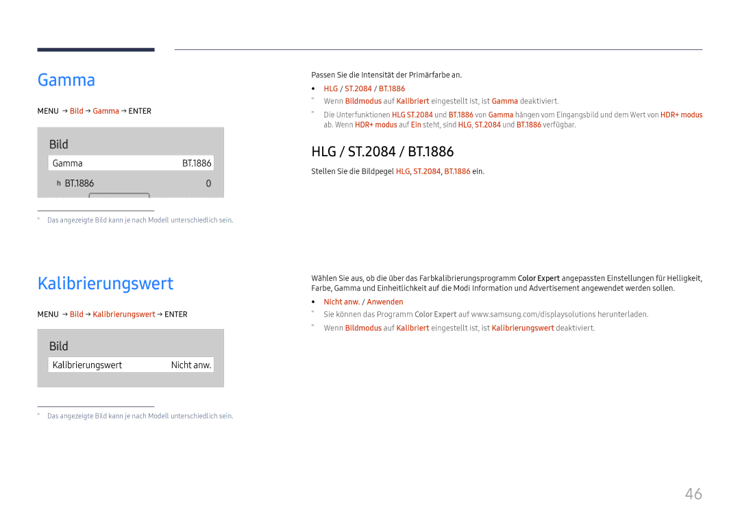 Samsung LH75QBHRTBC/EN, LH65QBHRTBC/EN manual Gamma, Kalibrierungswert, HLG / ST.2084 / BT.1886 