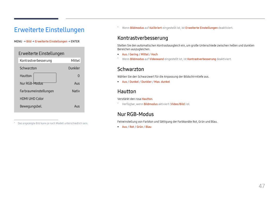 Samsung LH65QBHRTBC/EN, LH75QBHRTBC/EN Erweiterte Einstellungen, Kontrastverbesserung, Schwarzton, Hautton, Nur RGB-Modus 